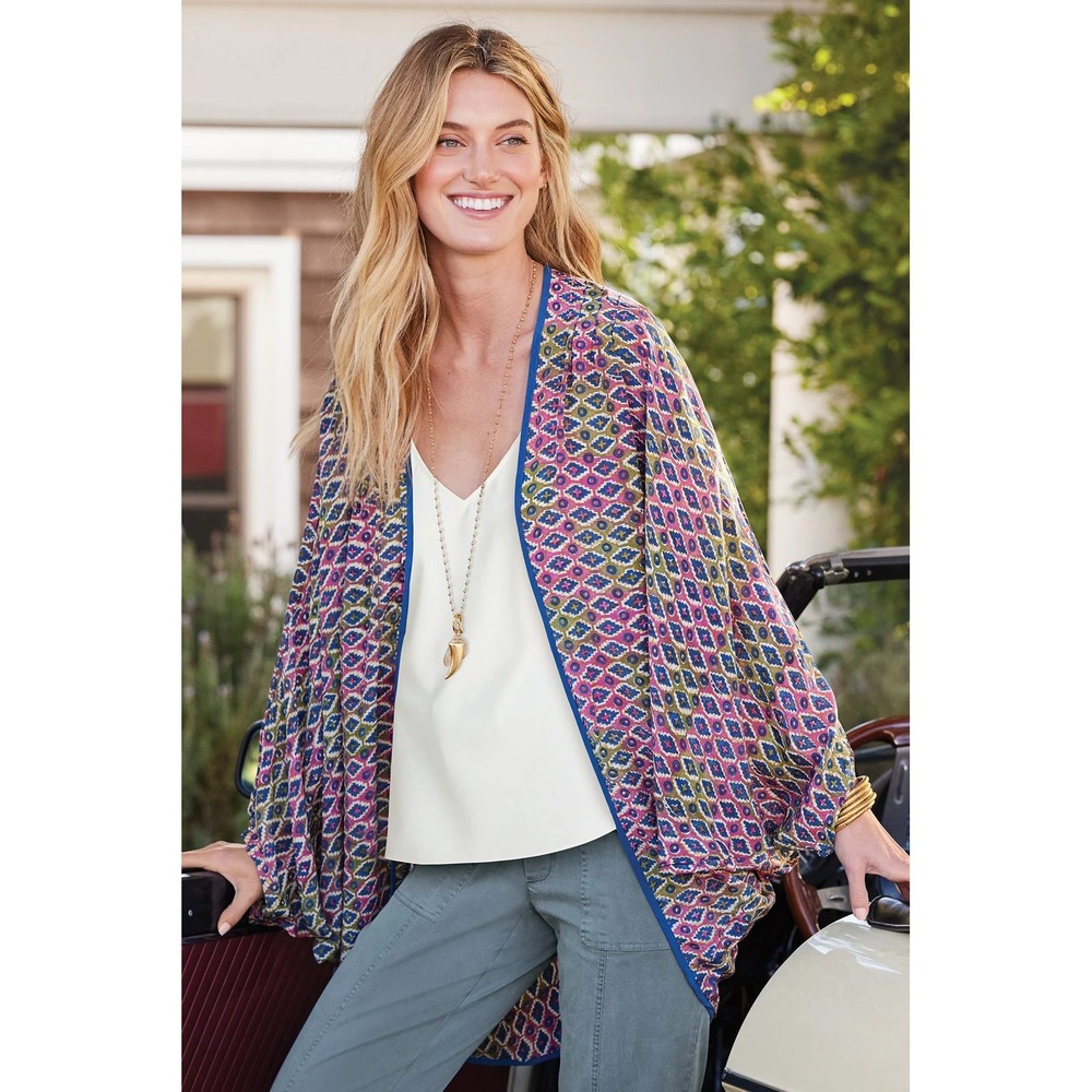 Kimono Cardigan Womens S/M Multi‎ Color Soft Surroundings 1CZ00 Rayon Ikat Print